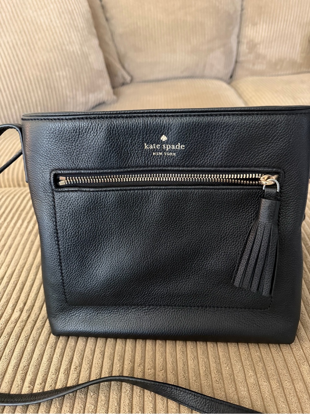 kate spade Black Leather Crossbody with Tassel Zip Pocket